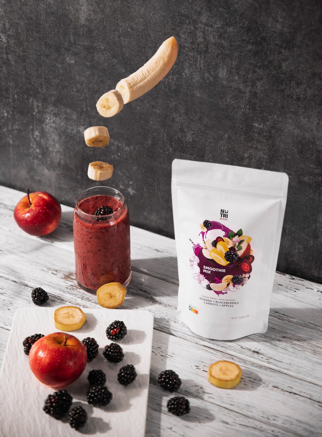 Power Up smuuti Blend – banaan, õunad, tumedad porgandid, põldmarjad